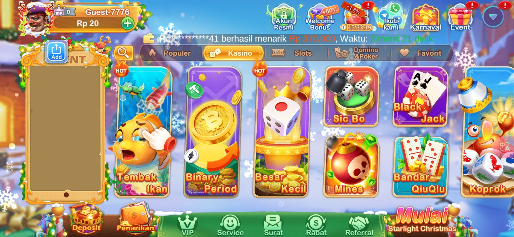 Game kasino populer seperti Tembak Ikan dan Sic Bo tersedia di Dot K3K3 8 71.